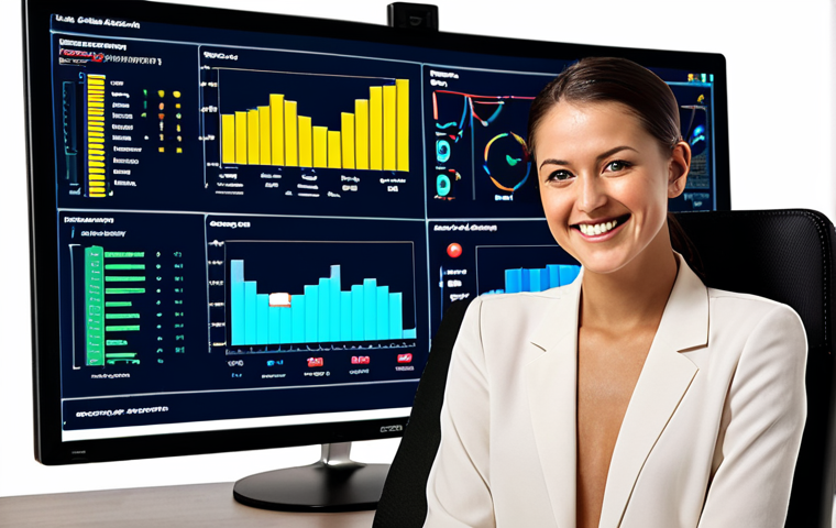 **
A data analyst smiling confidently, bathed in the glow of multiple computer screens. One screen displays a complex SQL query related to customer purchase patterns, highlighting keywords like SELECT, JOIN, and WHERE. Charts and graphs visualizing the query results (e.g., customer segmentation, product affinity analysis) are visible on other screens. The overall impression is empowerment and insightful discovery through SQL.
**