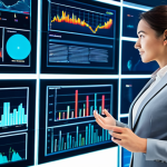A professional analyst, fully clothed in a modest business suit, stands in a modern, brightly lit AI-powered data analytics hub. They are interacting with multiple transparent digital screens displaying complex, vibrant 3D data visualizations, intricate graphs, and subtle neural network patterns. The environment is clean and sophisticated, emphasizing innovation and precision. Perfect anatomy, correct proportions, natural pose, well-formed hands, proper finger count, natural body proportions, professional photography, high quality, safe for work, appropriate content, professional dress, appropriate attire.