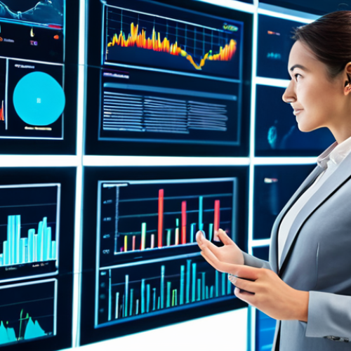 A professional analyst, fully clothed in a modest business suit, stands in a modern, brightly lit AI-powered data analytics hub. They are interacting with multiple transparent digital screens displaying complex, vibrant 3D data visualizations, intricate graphs, and subtle neural network patterns. The environment is clean and sophisticated, emphasizing innovation and precision. Perfect anatomy, correct proportions, natural pose, well-formed hands, proper finger count, natural body proportions, professional photography, high quality, safe for work, appropriate content, professional dress, appropriate attire.