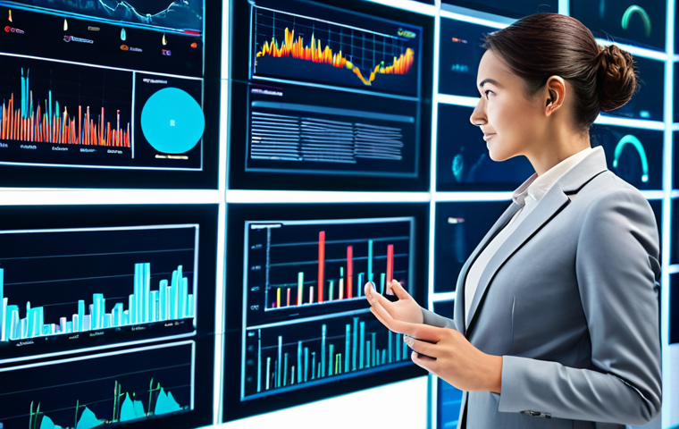 A professional analyst, fully clothed in a modest business suit, stands in a modern, brightly lit AI-powered data analytics hub. They are interacting with multiple transparent digital screens displaying complex, vibrant 3D data visualizations, intricate graphs, and subtle neural network patterns. The environment is clean and sophisticated, emphasizing innovation and precision. Perfect anatomy, correct proportions, natural pose, well-formed hands, proper finger count, natural body proportions, professional photography, high quality, safe for work, appropriate content, professional dress, appropriate attire.
