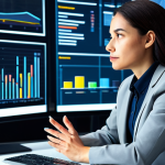 A focused female data analyst in a professional business suit, fully clothed, modest clothing. She is sitting at a sleek, minimalist desk in a modern, brightly lit data analytics center, surrounded by large transparent screens displaying complex, vibrant customer data visualizations, charts, and flowing data streams. Her expression is thoughtful and insightful as she subtly gestures towards a screen, demonstrating deep understanding of the information. Perfect anatomy, correct proportions, natural pose, well-formed hands, proper finger count, natural body proportions, professional photography, high resolution, soft studio lighting, safe for work, appropriate content, fully clothed, professional.