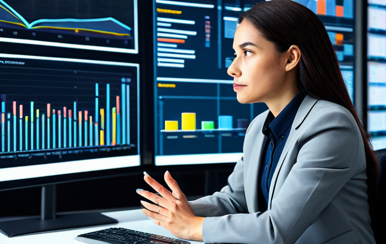 A focused female data analyst in a professional business suit, fully clothed, modest clothing. She is sitting at a sleek, minimalist desk in a modern, brightly lit data analytics center, surrounded by large transparent screens displaying complex, vibrant customer data visualizations, charts, and flowing data streams. Her expression is thoughtful and insightful as she subtly gestures towards a screen, demonstrating deep understanding of the information. Perfect anatomy, correct proportions, natural pose, well-formed hands, proper finger count, natural body proportions, professional photography, high resolution, soft studio lighting, safe for work, appropriate content, fully clothed, professional.